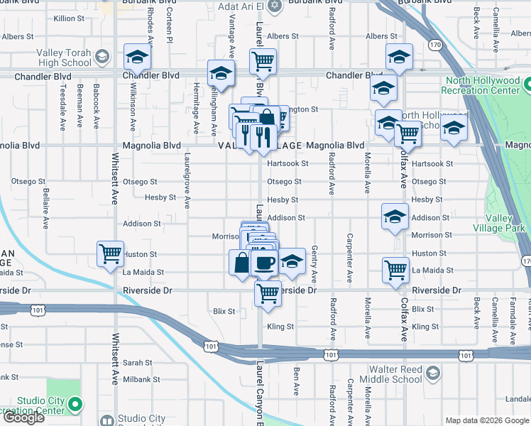 map of restaurants, bars, coffee shops, grocery stores, and more near None in Los Angeles