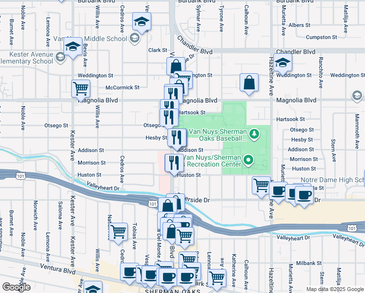 map of restaurants, bars, coffee shops, grocery stores, and more near in Los Angeles