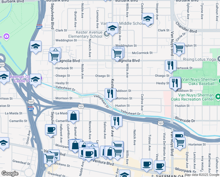 map of restaurants, bars, coffee shops, grocery stores, and more near 4975 Kester Avenue in Los Angeles