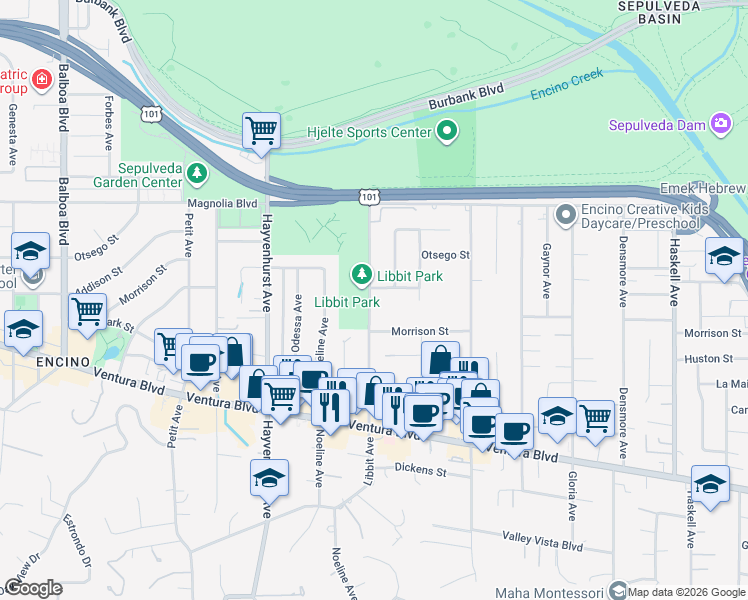 map of restaurants, bars, coffee shops, grocery stores, and more near 5034 Libbit Avenue in Los Angeles