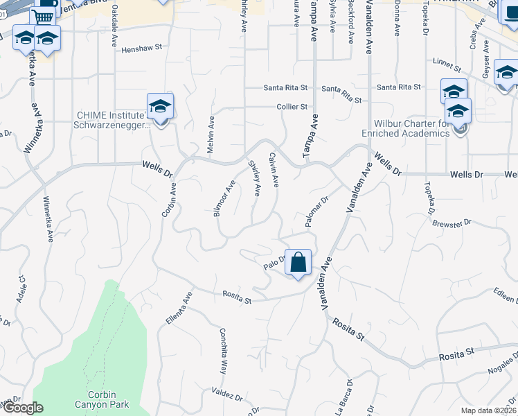 map of restaurants, bars, coffee shops, grocery stores, and more near 5000 Shirley Avenue in Los Angeles