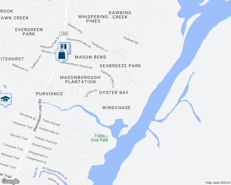 map of restaurants, bars, coffee shops, grocery stores, and more near 227 Cabbage Inlet Lane in Wilmington