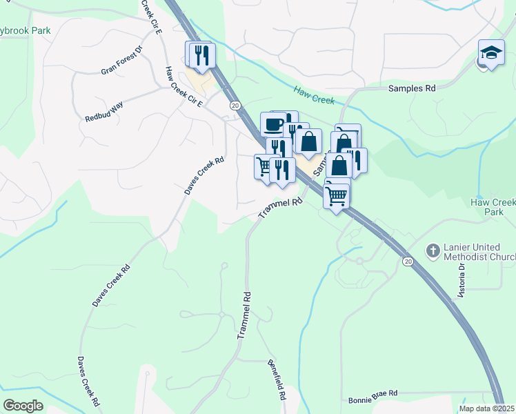 map of restaurants, bars, coffee shops, grocery stores, and more near 1740 Berry Court in Cumming