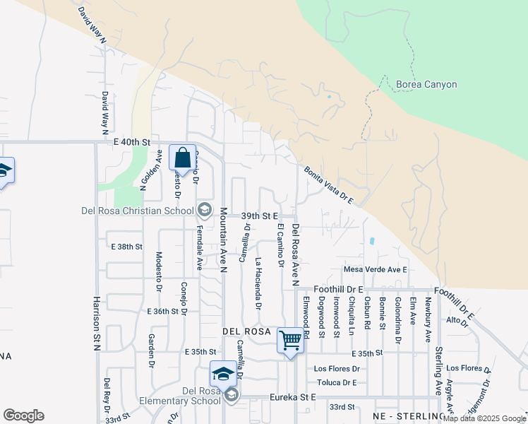 map of restaurants, bars, coffee shops, grocery stores, and more near 3905 La Hacienda Drive in San Bernardino