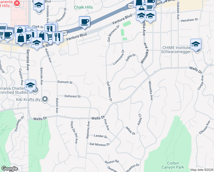 map of restaurants, bars, coffee shops, grocery stores, and more near 20300 Delita Drive in Los Angeles