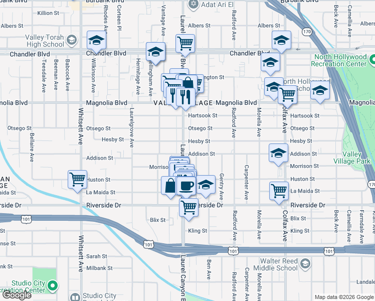 map of restaurants, bars, coffee shops, grocery stores, and more near 5000 Laurel Canyon Boulevard in Los Angeles