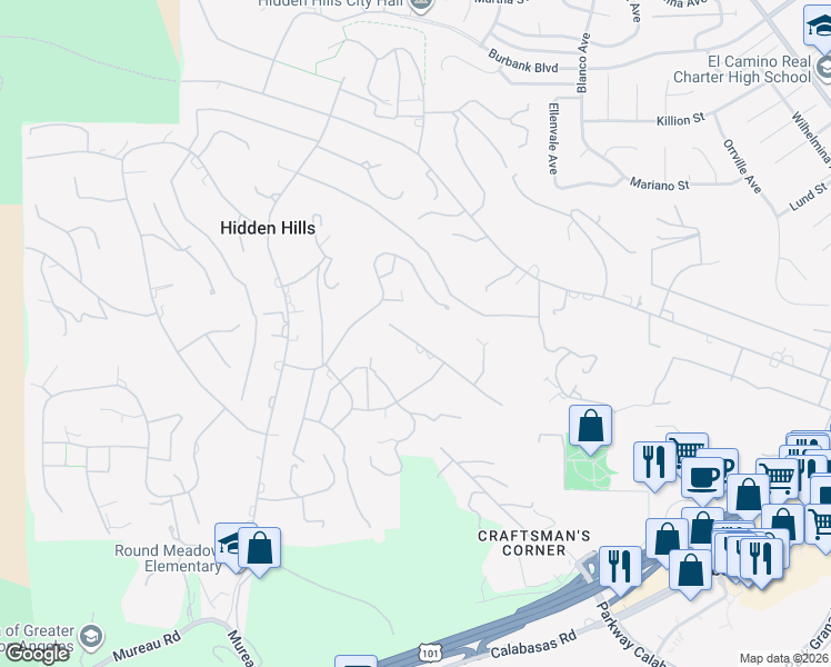 map of restaurants, bars, coffee shops, grocery stores, and more near 24328 Bridle Trail Road in Hidden Hills