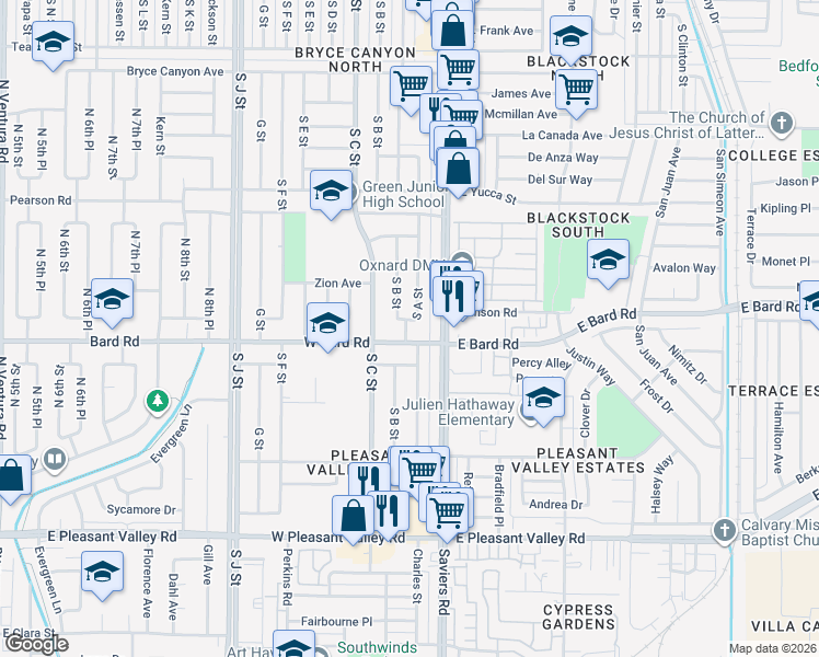 map of restaurants, bars, coffee shops, grocery stores, and more near 247 West Bard Road in Oxnard