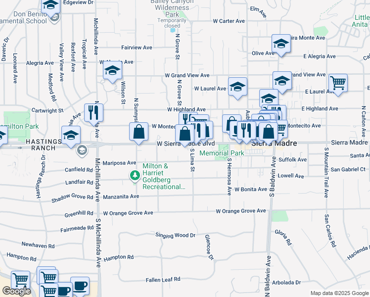 map of restaurants, bars, coffee shops, grocery stores, and more near 381 Mariposa Avenue in Sierra Madre