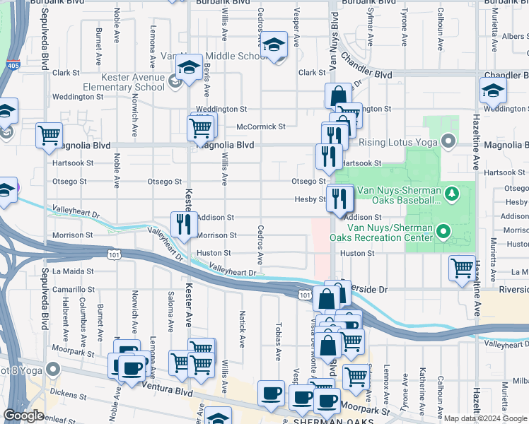 map of restaurants, bars, coffee shops, grocery stores, and more near 14657 Addison Street in Los Angeles