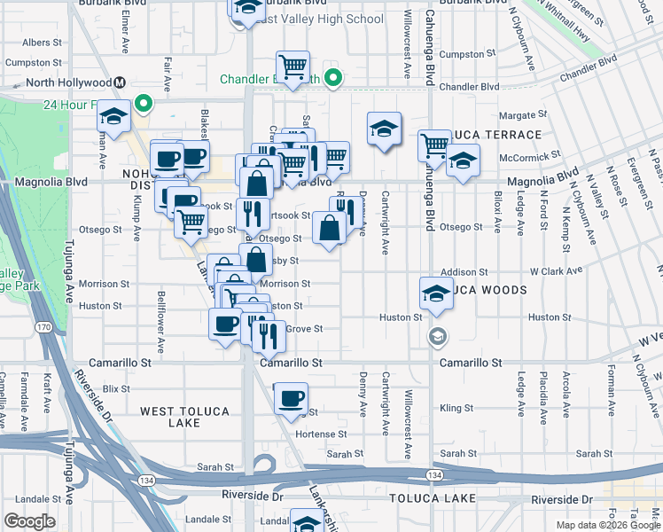 map of restaurants, bars, coffee shops, grocery stores, and more near 10810 Hesby Street in Los Angeles