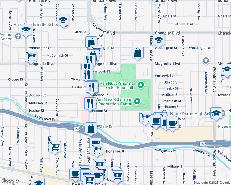 map of restaurants, bars, coffee shops, grocery stores, and more near 14319 Addison Street in Los Angeles
