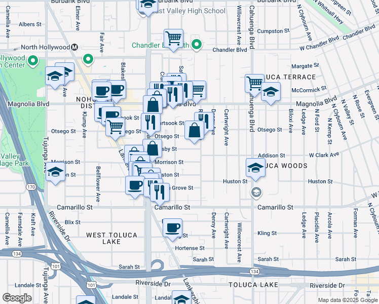 map of restaurants, bars, coffee shops, grocery stores, and more near 10815 Morrison Street in Los Angeles