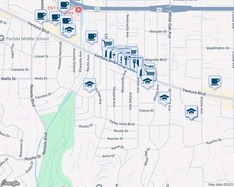 map of restaurants, bars, coffee shops, grocery stores, and more near 5048 Hesperia Avenue in Los Angeles