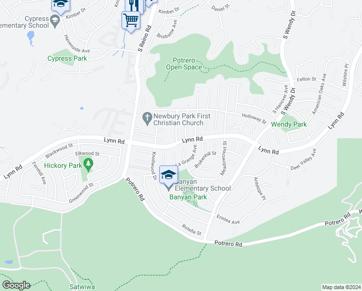 map of restaurants, bars, coffee shops, grocery stores, and more near 937 South Pons Court in Thousand Oaks