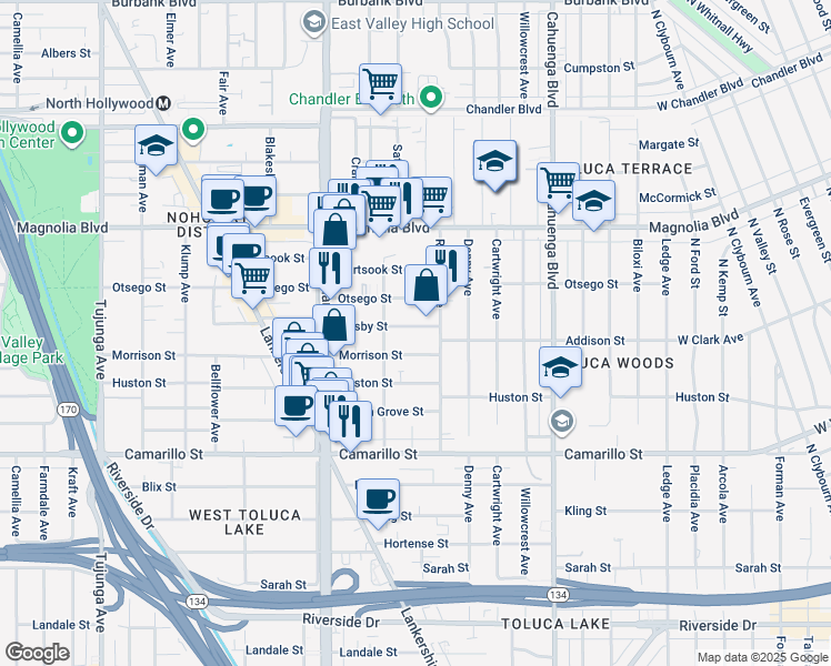 map of restaurants, bars, coffee shops, grocery stores, and more near 10828 Hesby Street in Los Angeles