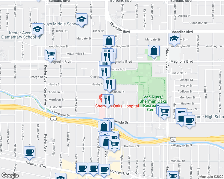 map of restaurants, bars, coffee shops, grocery stores, and more near 5003 Tilden Avenue in Los Angeles