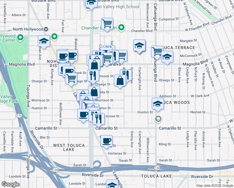 map of restaurants, bars, coffee shops, grocery stores, and more near 10828 Hesby Street in Los Angeles