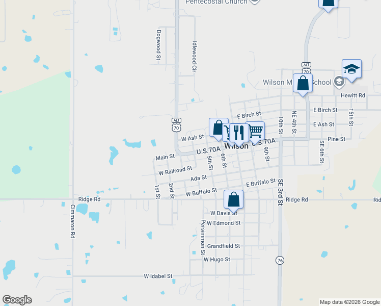map of restaurants, bars, coffee shops, grocery stores, and more near 217 Main Street in Ringling
