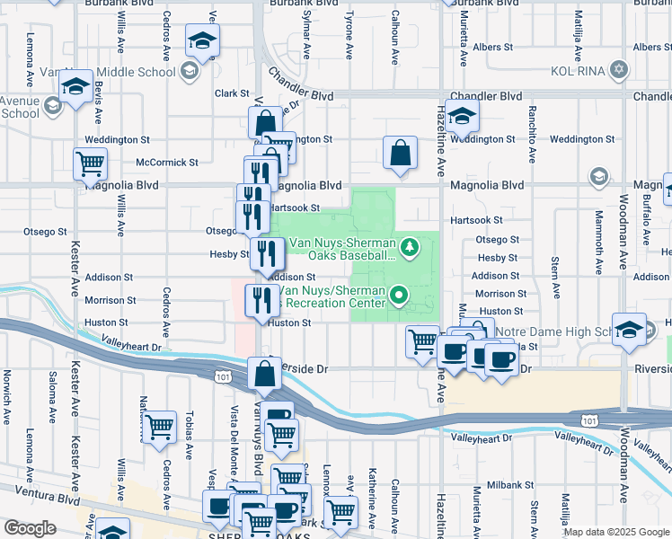 map of restaurants, bars, coffee shops, grocery stores, and more near 14319 Addison Street in Los Angeles