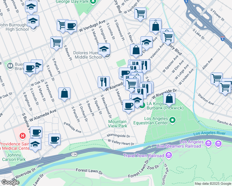 map of restaurants, bars, coffee shops, grocery stores, and more near 621 South Mariposa Street in Burbank
