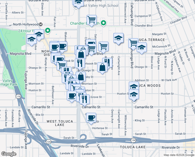 map of restaurants, bars, coffee shops, grocery stores, and more near 10840 Hesby Street in Los Angeles