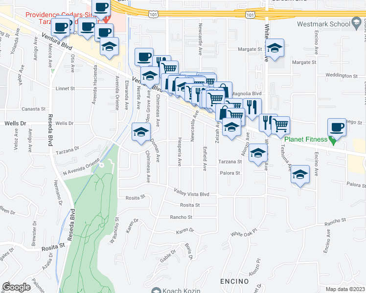 map of restaurants, bars, coffee shops, grocery stores, and more near 5048 Hesperia Avenue in Los Angeles