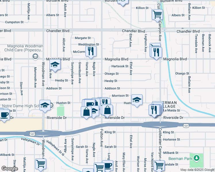 map of restaurants, bars, coffee shops, grocery stores, and more near 13239 Addison Street in Los Angeles