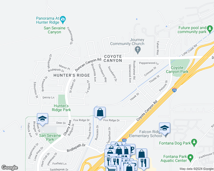 map of restaurants, bars, coffee shops, grocery stores, and more near 15073 Sagegrove Lane in Fontana