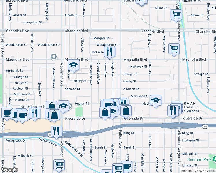 map of restaurants, bars, coffee shops, grocery stores, and more near 4957 Varna Avenue in Los Angeles