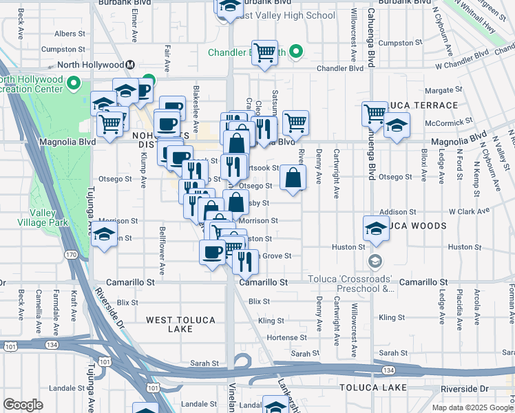 map of restaurants, bars, coffee shops, grocery stores, and more near 10916 Hesby Street in Los Angeles