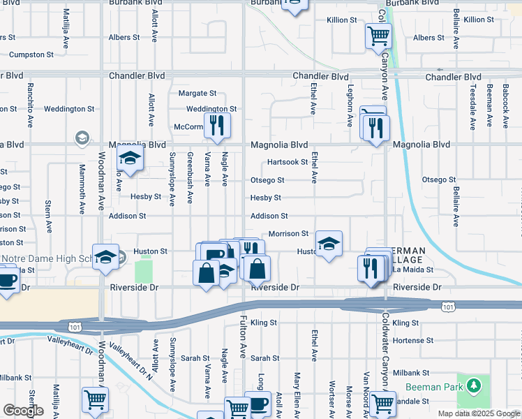 map of restaurants, bars, coffee shops, grocery stores, and more near 13233 Addison Street in Los Angeles
