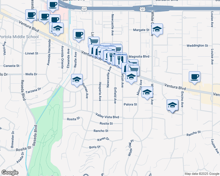 map of restaurants, bars, coffee shops, grocery stores, and more near 5052 Newcastle Avenue in Los Angeles