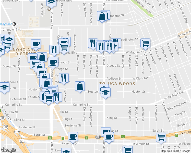 map of restaurants, bars, coffee shops, grocery stores, and more near 5009 Willowcrest Avenue in Los Angeles