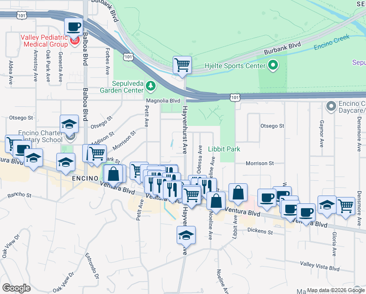 map of restaurants, bars, coffee shops, grocery stores, and more near 4955 Hayvenhurst Avenue in Los Angeles