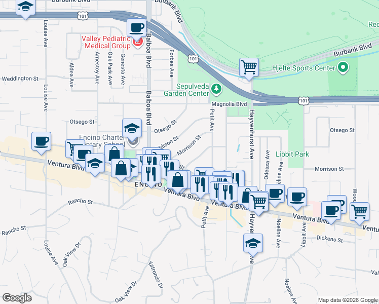 map of restaurants, bars, coffee shops, grocery stores, and more near 16728 Morrison Street in Los Angeles