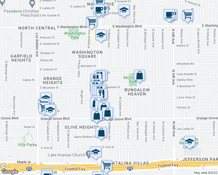 map of restaurants, bars, coffee shops, grocery stores, and more near E Mountain St & N Mentor Ave in Pasadena