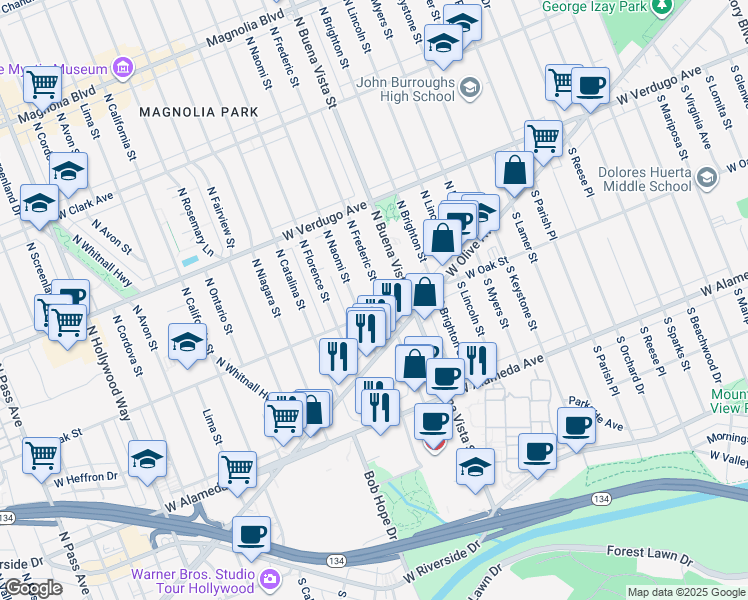 map of restaurants, bars, coffee shops, grocery stores, and more near 211 North Frederic Street in Burbank