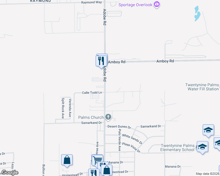map of restaurants, bars, coffee shops, grocery stores, and more near 4973 Adobe Road in Twentynine Palms