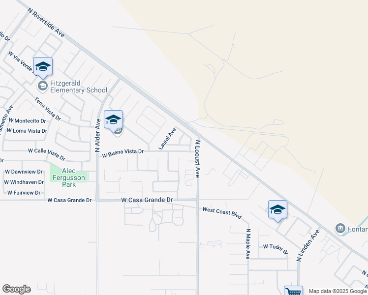 map of restaurants, bars, coffee shops, grocery stores, and more near 3387 North Almond Drive in Rialto
