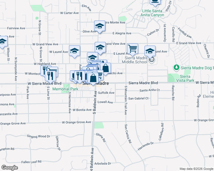 map of restaurants, bars, coffee shops, grocery stores, and more near 53 Suffolk Avenue in Sierra Madre