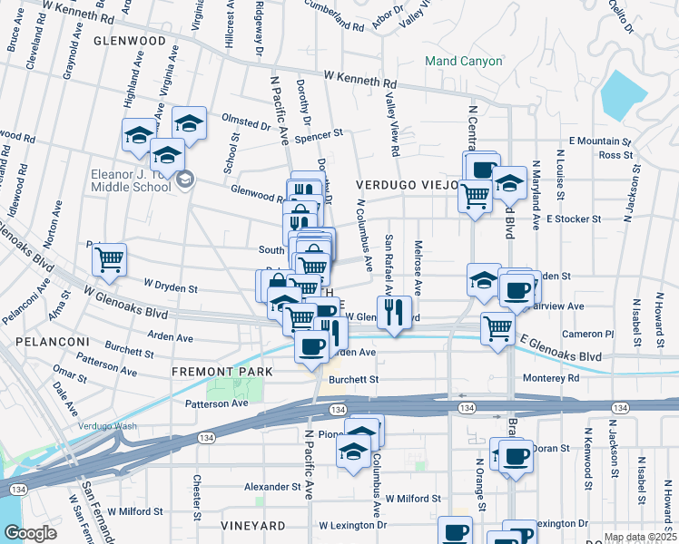 map of restaurants, bars, coffee shops, grocery stores, and more near 434 West Dryden Street in Glendale