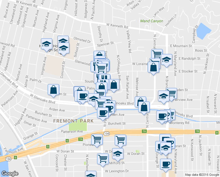 map of restaurants, bars, coffee shops, grocery stores, and more near 434 West Dryden Street in Glendale
