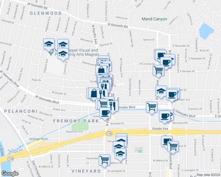 map of restaurants, bars, coffee shops, grocery stores, and more near 434 West Dryden Street in Glendale