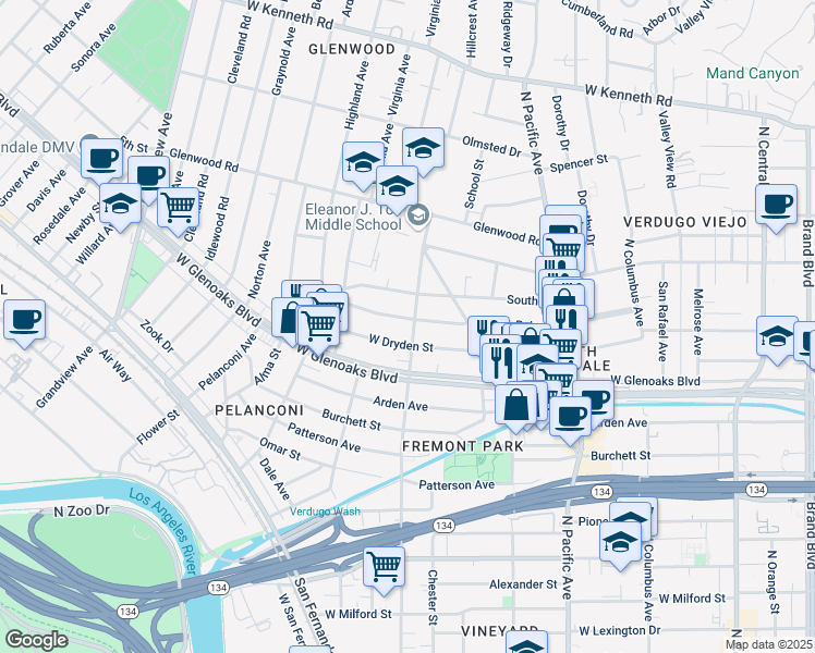 map of restaurants, bars, coffee shops, grocery stores, and more near 663 West Dryden Street in Glendale