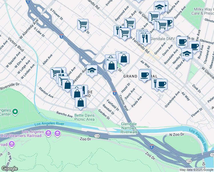 map of restaurants, bars, coffee shops, grocery stores, and more near 1516 Lake Street in Glendale