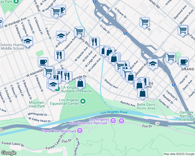 map of restaurants, bars, coffee shops, grocery stores, and more near 1809 Riverside Drive in Glendale