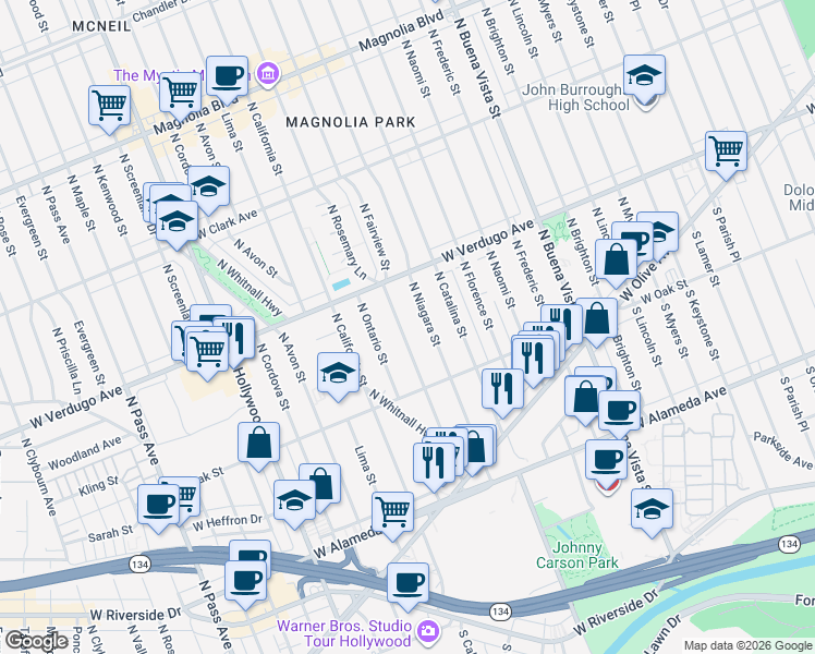 map of restaurants, bars, coffee shops, grocery stores, and more near 340 North Fairview Street in Burbank