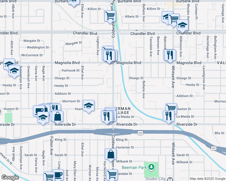 map of restaurants, bars, coffee shops, grocery stores, and more near in Los Angeles
