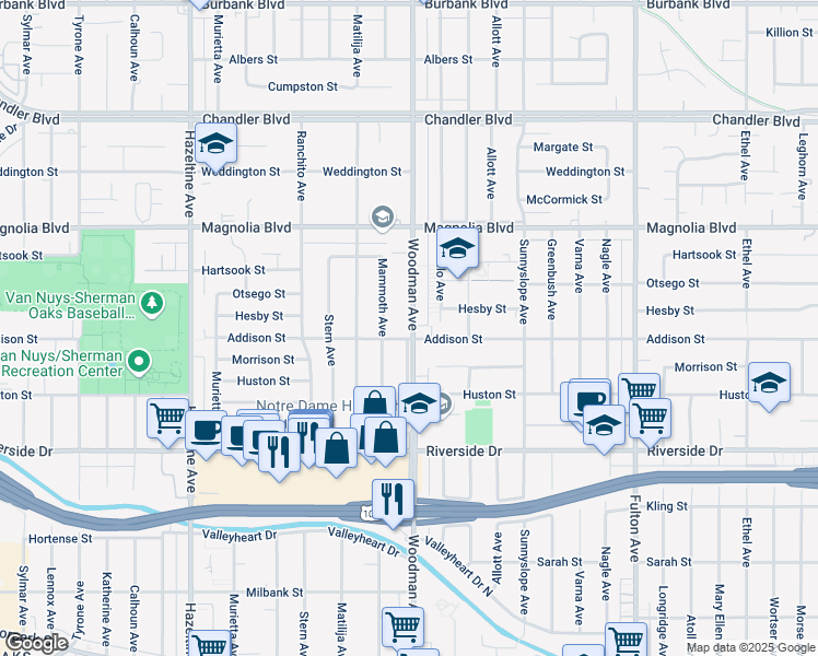 map of restaurants, bars, coffee shops, grocery stores, and more near 4958 Woodman Avenue in Los Angeles